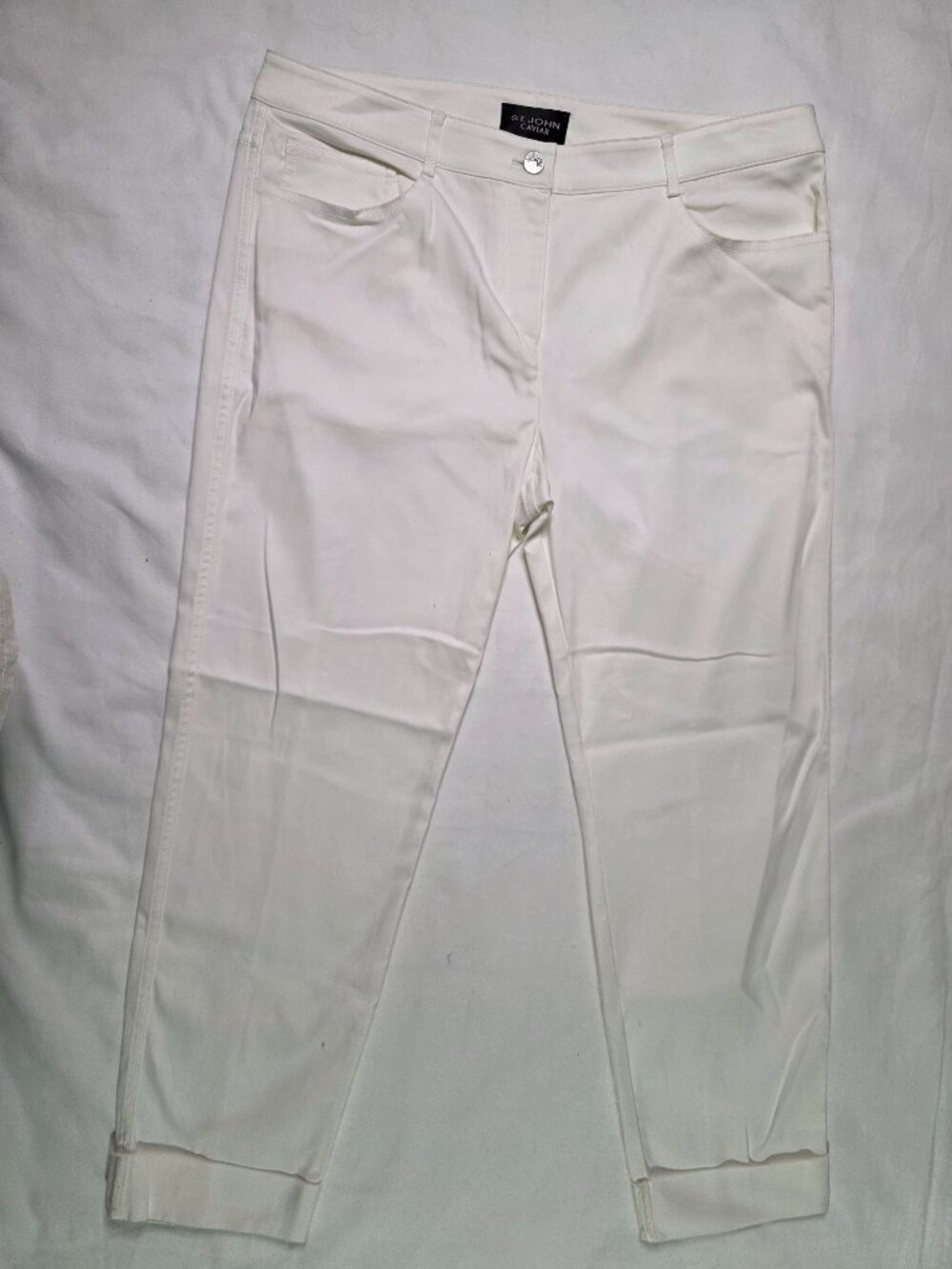 "St John Caviar Womens 12 White Cuffed Stretch Pants Cotton Blend Ankle Flawed "